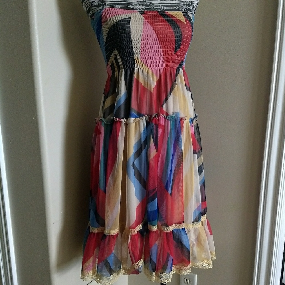 Lapis stained glass smocked strapless midi dress